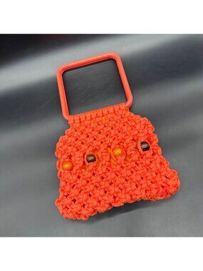 Vintage Macrame Purse Handbag 1970s Orange Wood Beads Handmade Boho Eclectic